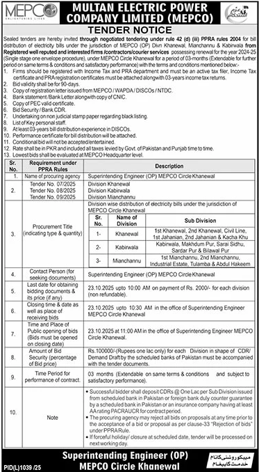 Multan Electric Power Company Limited Tender Notice